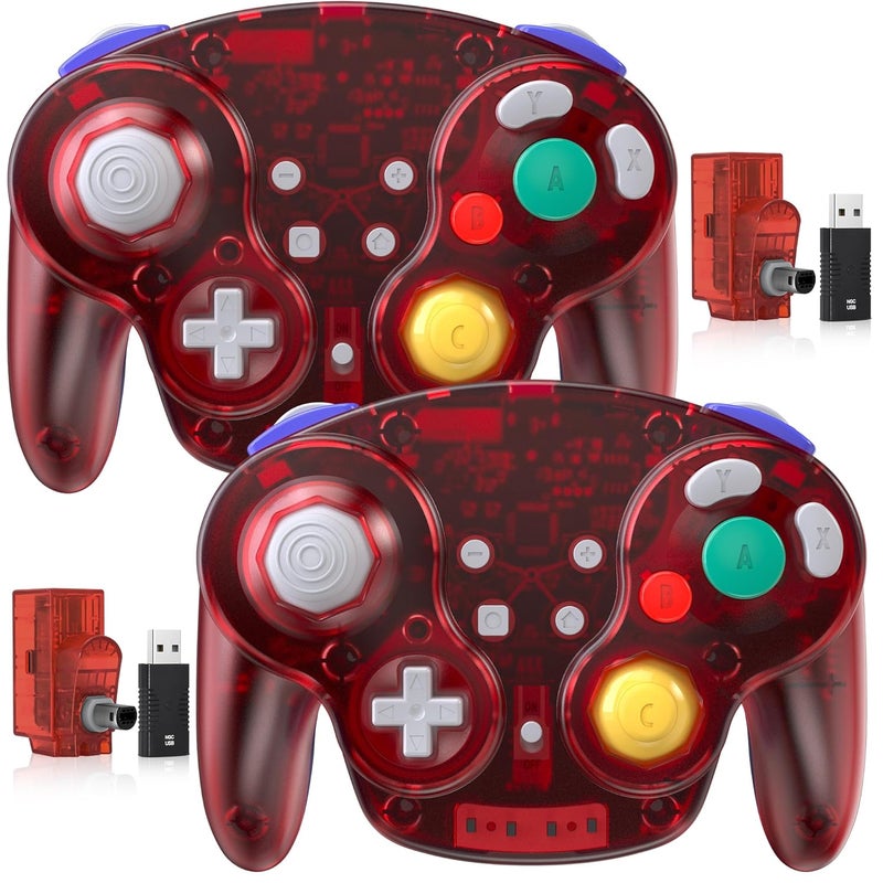 SAFFUN 2 Pack 2.4 GHz Wireless GameCube Switch2 Pro Controller, for NGC GameCube Console, Switch/Switch OLED/ Switch2, PC, Steam Deck, PC (Built-in Rumble) (Rechargeable) (Plug and Play) Clear Red - Image 1